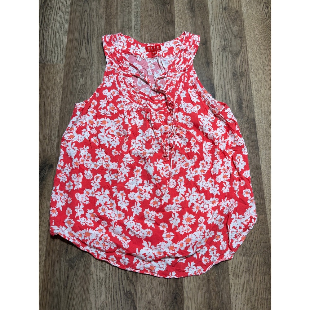 Elle Tank Top Women Size L Red Floral Sleeveless Pintuck Tie Neck Rayon